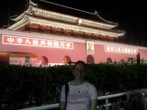 Nina at Tiananmen Square at night in the central most point in Beijing.