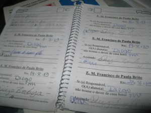 Dieguito's caderno- Dieguito used to get a bilhete almost every day for not having done his homework.